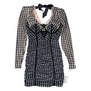ASOS Luxe NWT Houndstooth Corset Mini Dress Womens 0 Black Velvet Bow Bodycon